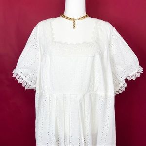 White Eyelet Peasant Puff Sleeve Babydoll Blouse